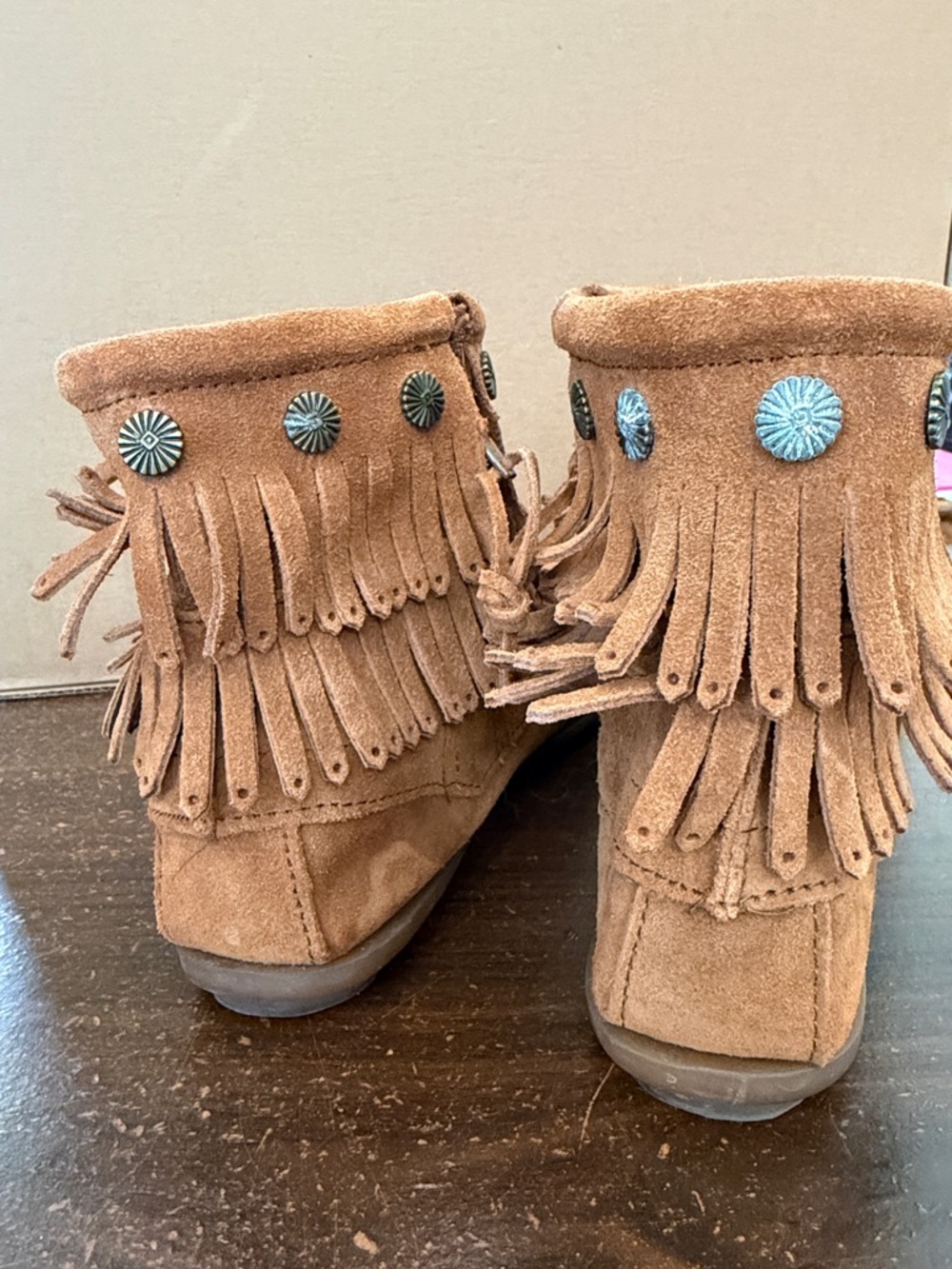 Minnetonka Hardsole Suede Fringe Boots Brown Boho Western Moccasins size 9 10 - Picture 5 of 10